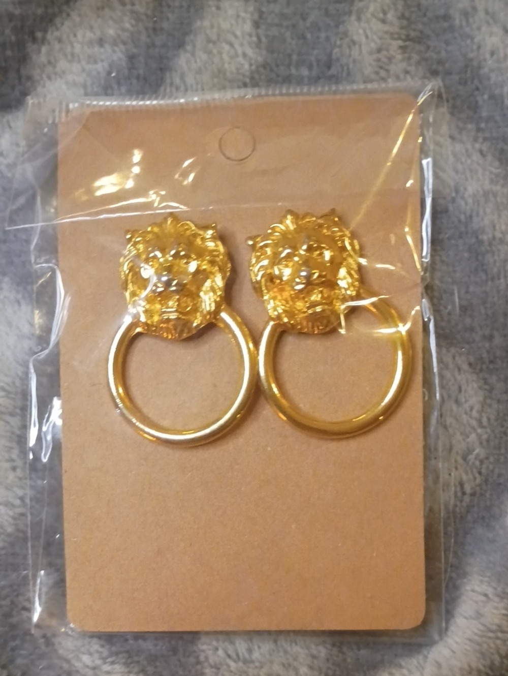 Gold Lion Head Drop Ring Earrings